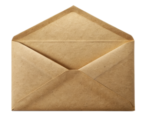 Open Brown Paper Envelope with visible inner fold and natural texture. Isolated on transparent background, png.