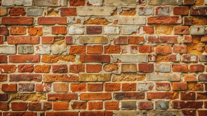 Obraz premium Weathered ancient brick wall with rustic texture, worn mortar, and faded color, providing a distressed vintage background with subtle cracks and peeling paint.
