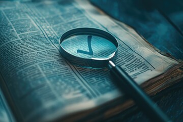 A magnifying glass is on top of a book with a check mark on it