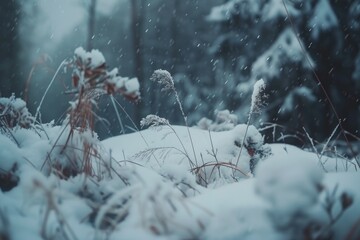 A snowy field with a few plants covered in snow. The scene is peaceful and serene, with the snow creating a beautiful and calming atmosphere