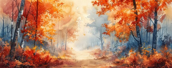 A painting of a forest with trees in autumn colors