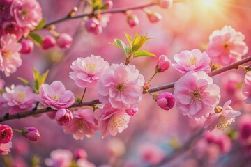 Naklejka premium Vibrant pink blossoms unfurl against a soft focus backdrop, delicate petals shimmering in warm sunlight, capturing the serene beauty of nature's awakening in early spring.