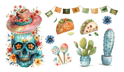 Mexican set. Cinco de Mayo collection elements. Hand drawn pinata, musical tools, traditional cuisine. Mexican festivals and traditions. Vector doodle illustration isolated on white background