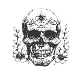 Sugar Skulls. Day of the Dead Skull, isolated on white background. Dia de los Muertos. Mexican sugar skull. Design element for logo, emblem, sign, poster, card, banner. Vector illustration.