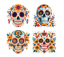 Sugar Skulls. Day of the Dead Skull, isolated on white background. Dia de los Muertos. Mexican sugar skull. Design element for logo, emblem, sign, poster, card, banner. Vector illustration.