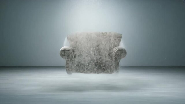 Armchair appearing in an empty room with particle effects, symbolizes simplicity, minimalism, and new beginnings