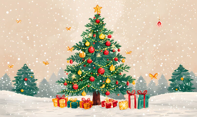 Obraz premium New Year and Christmas card, graphic advertising backgrounds in a doodle 2D illustrator style