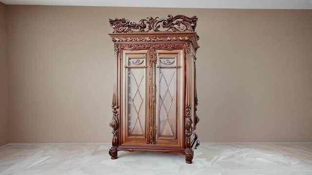 Elegant antique wooden armoire, showcasing intricate carvings and craftsmanship