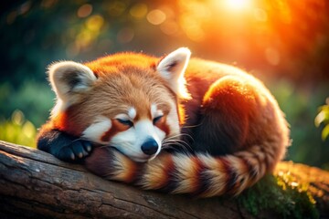 A serene red panda curls up in a tranquil afternoon scene, its soft fur glistening in the warm light, lost in a peaceful slumber.