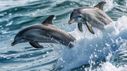 Fototapeta premium Playful dolphins jumping out of the ocean waves