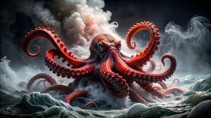 Obraz premium Fearsome giant red octopus emerges from dark depths, surrounded by swirling black and white smoke, with intense splashes of water, exuding marine monster terror.
