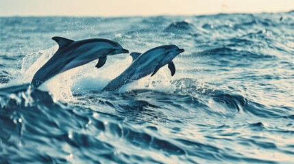 Obraz premium Playful dolphins jumping out of the ocean waves