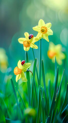 Obraz premium Enchanting Springtime Greeting Vibrant Ladybugs on Flowers, Capturing the Essence of Nature's Beauty and Renewal for a Perfect Greeting Card Digital Art Background Wallpaper
