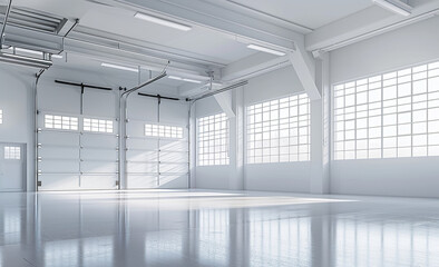 A large, empty warehouse with white walls and a white ceiling
