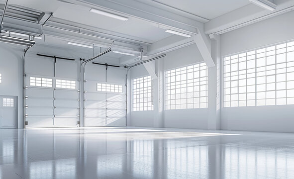 A large, empty warehouse with white walls and a white ceiling