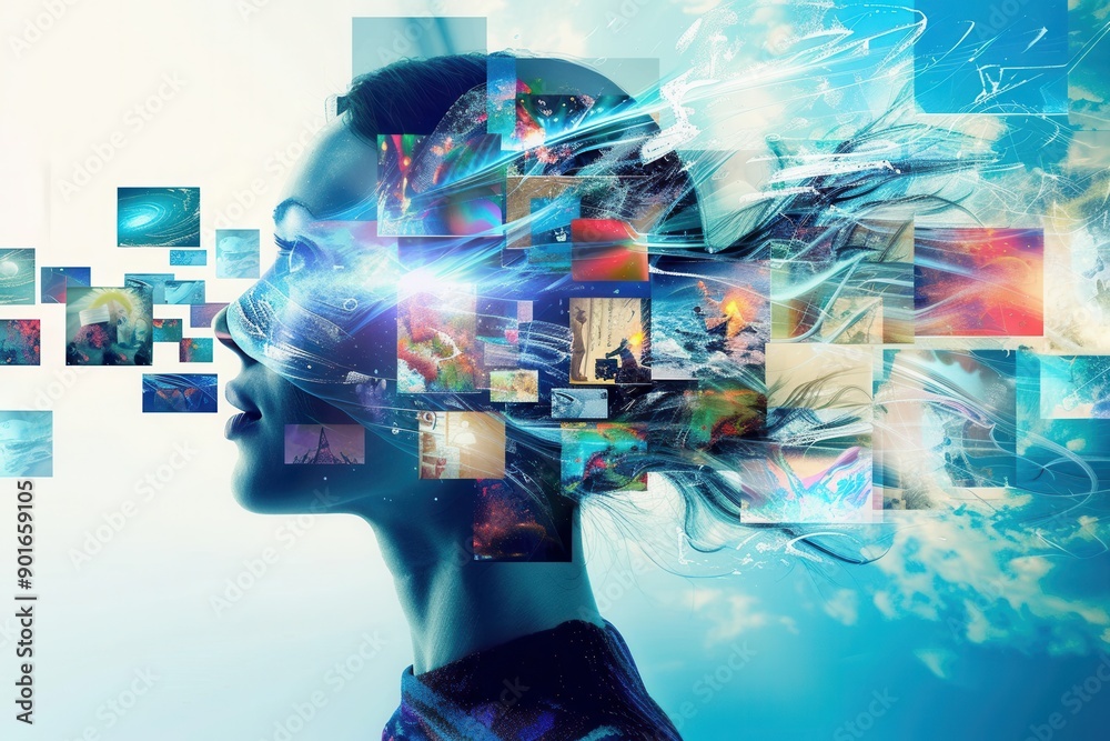Poster a woman engages in deep thought, generating a whirlwind of vibrant and diverse images reflecting her