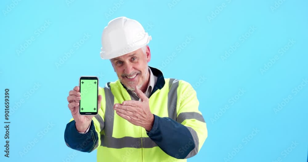 Poster face, green screen and construction man with smartphone, engineering or network on blue studio backg
