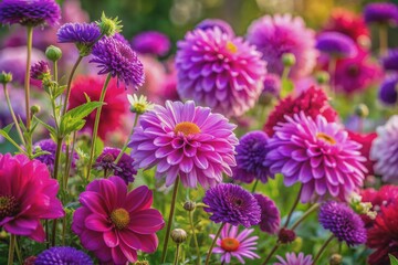 Obraz premium A vibrant close-up of blooming purple and pink flowers in a garden setting, showcasing the beauty and variety of nature's floral palette.