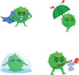 Pill resistance icons set cartoon vector. Dangerous virus defeating medication. Threat of weak immunity