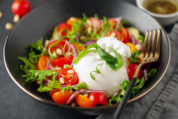 Salad with traditional italian burrata cheese. Burrata ball with cherry tomatoes, cucumber slices, onion  and pine nut in bowl on the table