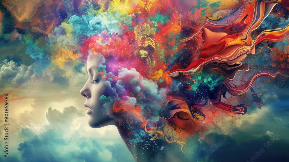 Poster a vibrant portrayal of a human mind generating imaginative and colorful ideas in a surreal, dreamlik