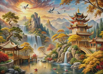 Fototapeta premium Breathtaking Chinese landscape mural featuring golden trees, majestic birds, serene waterfalls, and intricate pavilions, crafted with exceptional detail in high-resolution relief painting.