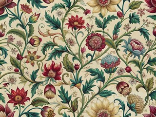 Intricate ornate vintage floral pattern featuring intertwined flowers, foliage, and vines in rich jewel-toned hues, set against a soft cream background with subtle texture.
