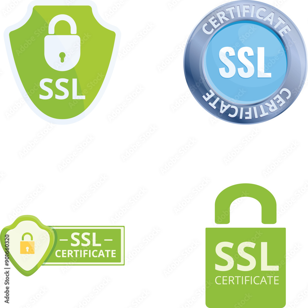 Poster secure connection icons set cartoon vector. secure sockets layer certificate. modern internet techno