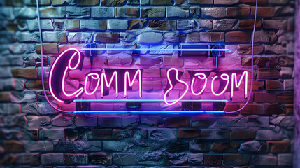 A striking neon sign with the words 'Coming Soon' set against a weathered brick wall, glowing in a vibrant pink and blue hue, invoking anticipation