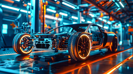Fototapeta premium Sleek and modern car chassis moving along a dynamic assembly line in an advanced automotive manufacturing factory with exposed internal components vibrant blue and orange industrial lighting