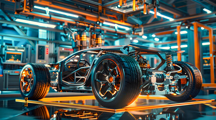 A high tech automotive assembly line featuring a sleek car chassis with exposed internal components