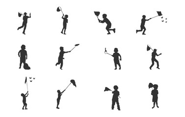 Boy catching butterfly SVG, Little boy catching butterflies SVG, Little boy catching butterflies silhouette, Child with butterfly net, Kids catching butterflies silhouette, Kids catching butterflies