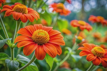 Fototapeta premium Vibrant orange Tithonia versifolia flowers bloom against a blurred tree background, showcasing intricate texture and pattern..