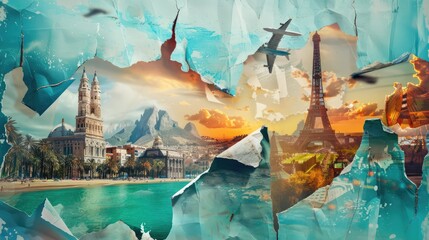 Designs with photos of various holidays and travels around the world. Presented as a torn paper effect for advertising.