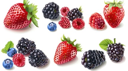 A vibrant collection of ripe berries, including strawberries, blackberries, raspberries, and blueberries on a white background.