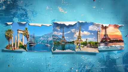 Designs with photos of various holidays and travels around the world. Presented as a torn paper effect for advertising.