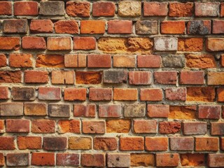 Rustic, weathered brick wall texture with worn, faded red bricks, visible mortar, and slight grout cracks, creating a distressed, urban, industrial background.