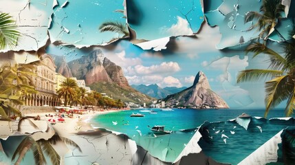 Designs with photos of various holidays and travels around the world. Presented as a torn paper effect for advertising.