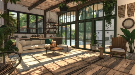 two level farm house, with big windows and pool