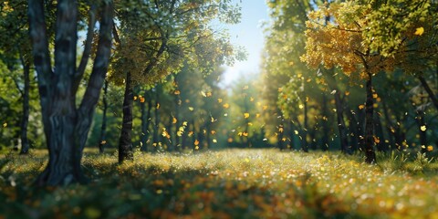 Fototapeta premium A forest with trees and leaves falling. The leaves are falling from the trees, creating a beautiful and calming atmosphere. The sunlight is shining through the trees, casting a warm glow on the ground