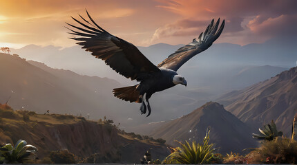 Naklejka premium a large bird flying over a mountain with a sunset in the background