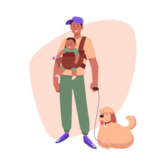 Father with baby carrier and dog vector illustration.