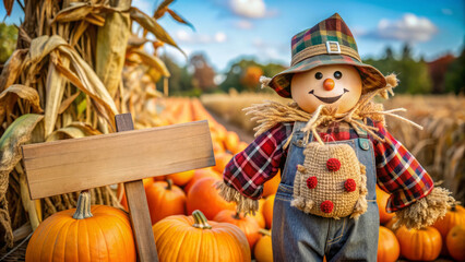 Scarecrow Standing in Pumpkin Patch with Sign.