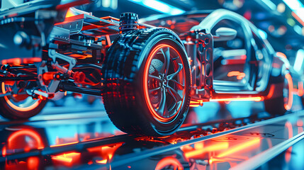 Fototapeta premium Dynamic and detailed scene of a car chassis on an advanced automotive assembly line showcasing the intricate internal components and machinery in a vibrant
