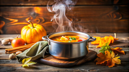 Steaming Pumpkin Soup in a Pot with Autumn Leaves.