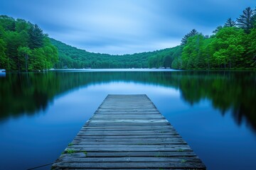 Obraz premium A dock is in front of a lake with a cloudy sky. The water is calm and the sky is overcast