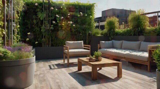 A rooftop lounge with a few chairs and a table and flower decorations. Seamless 4K looping timelapse video animation generated AI