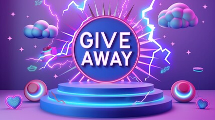 3d  colorful giveaway podium with lightning and text "GIVE AWAY" for social media, contest or promotional banner template for live streamers