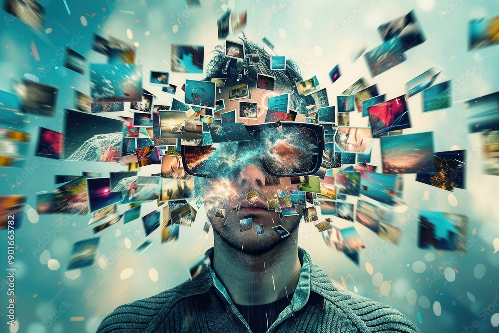 Poster a person with glasses experiences a creative surge, surrounded by a whirlwind of vibrant and diverse