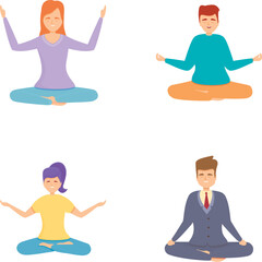 Yoga concept icons set cartoon vector. Men and women sitting in lotus posture. Meditation practice, healthy lifestyle